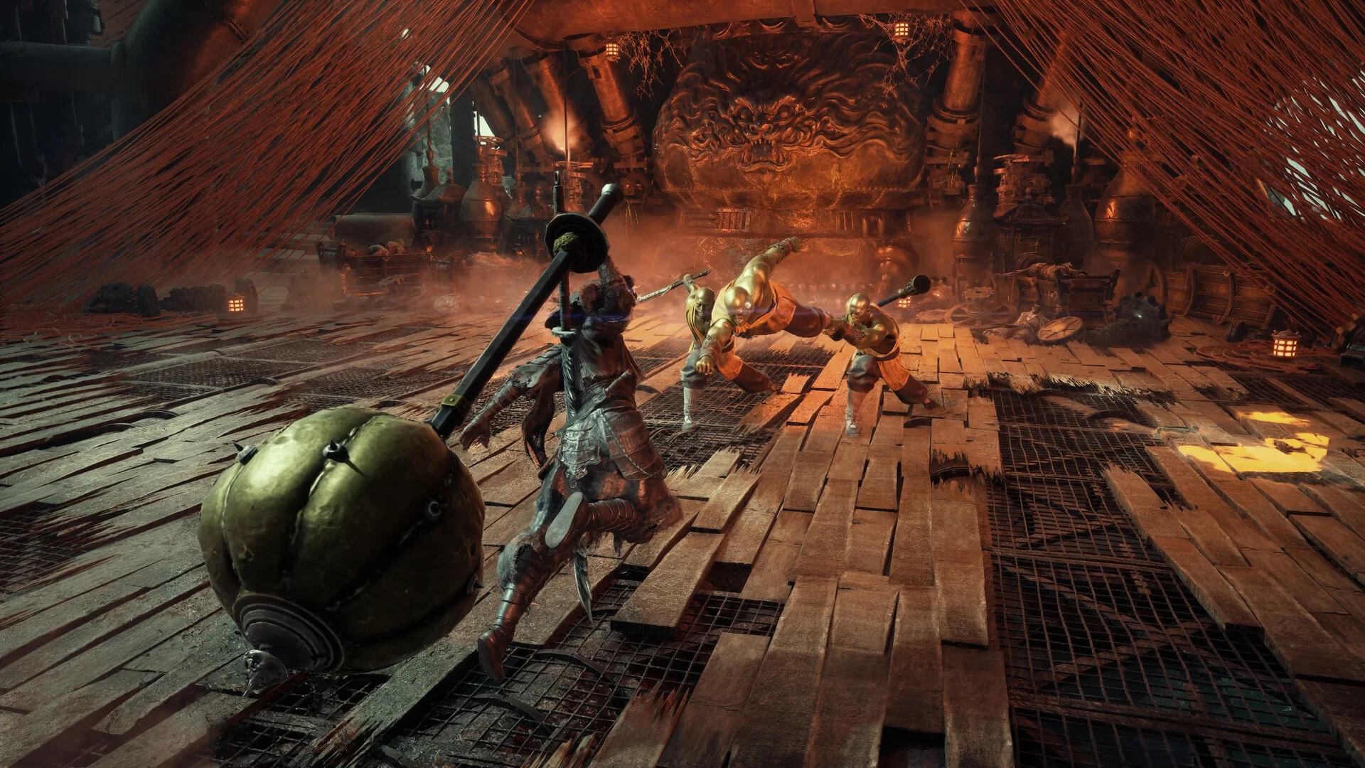 A warrior swinging a heavy weapon toward several enemies inside a red-lit hall