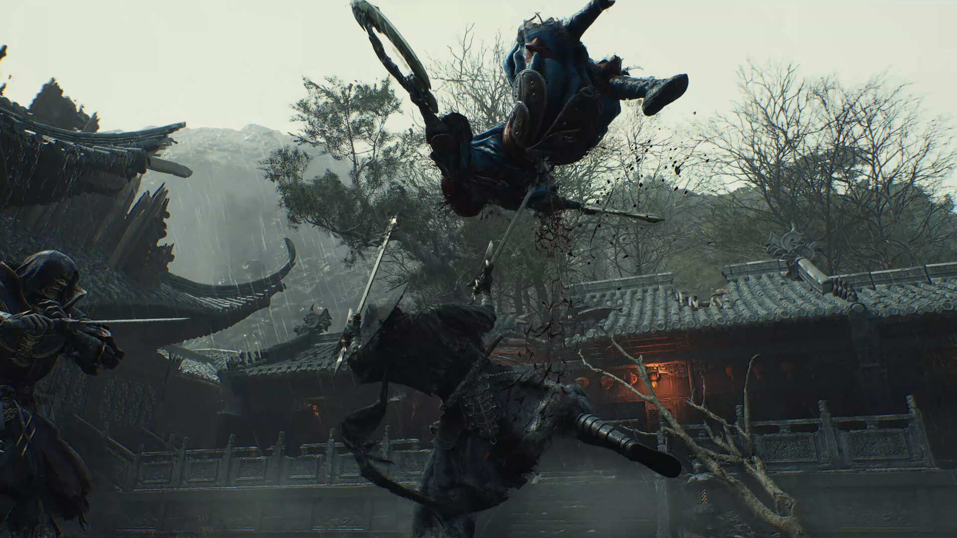 Official Phantom Blade Zero Steam store screenshot: a warrior in dark clothing flips mid-air with a long weapon to strike an opponent in a rainy traditional Chinese courtyard