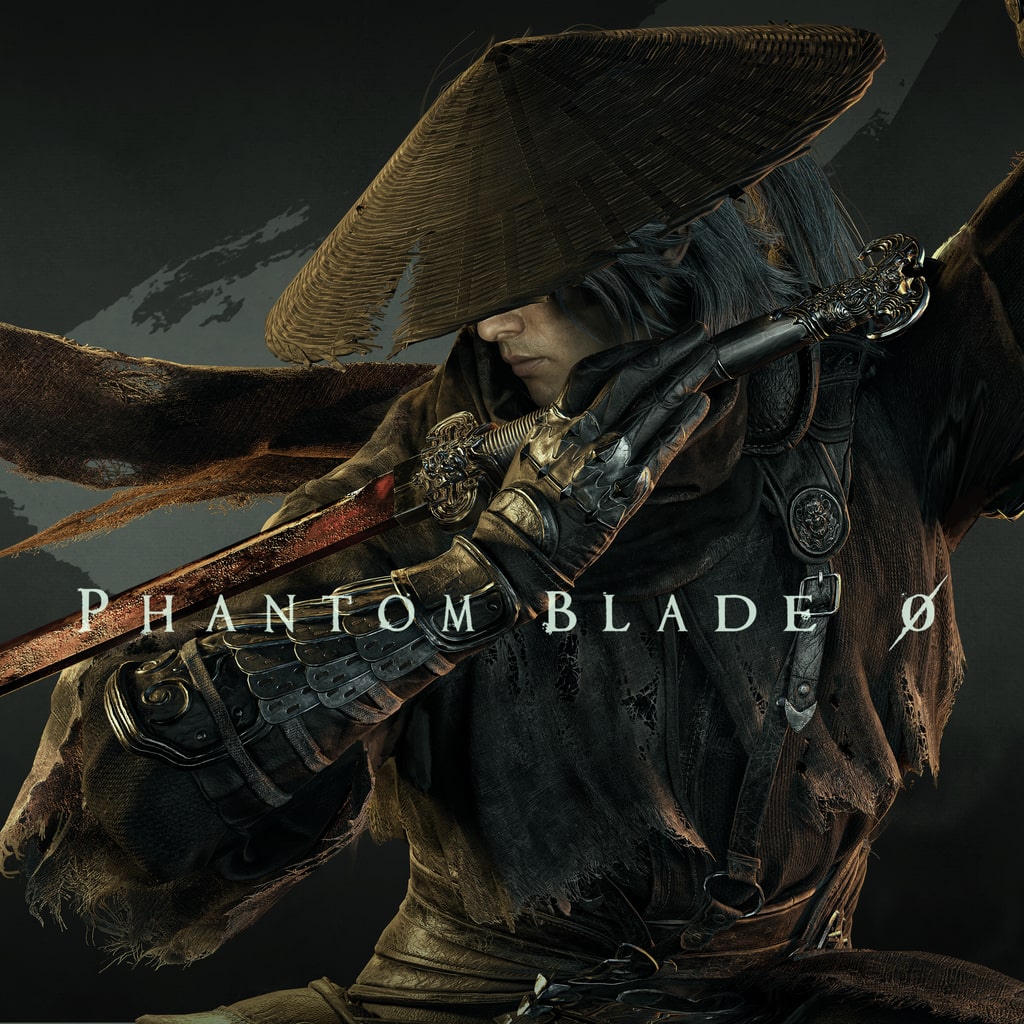A figure in a wide conical hat holding an ornate sword with a golden hilt, its blade stained with blood, over the PHANTOM BLADE Ø title text (source: official PlayStation Store page asset)