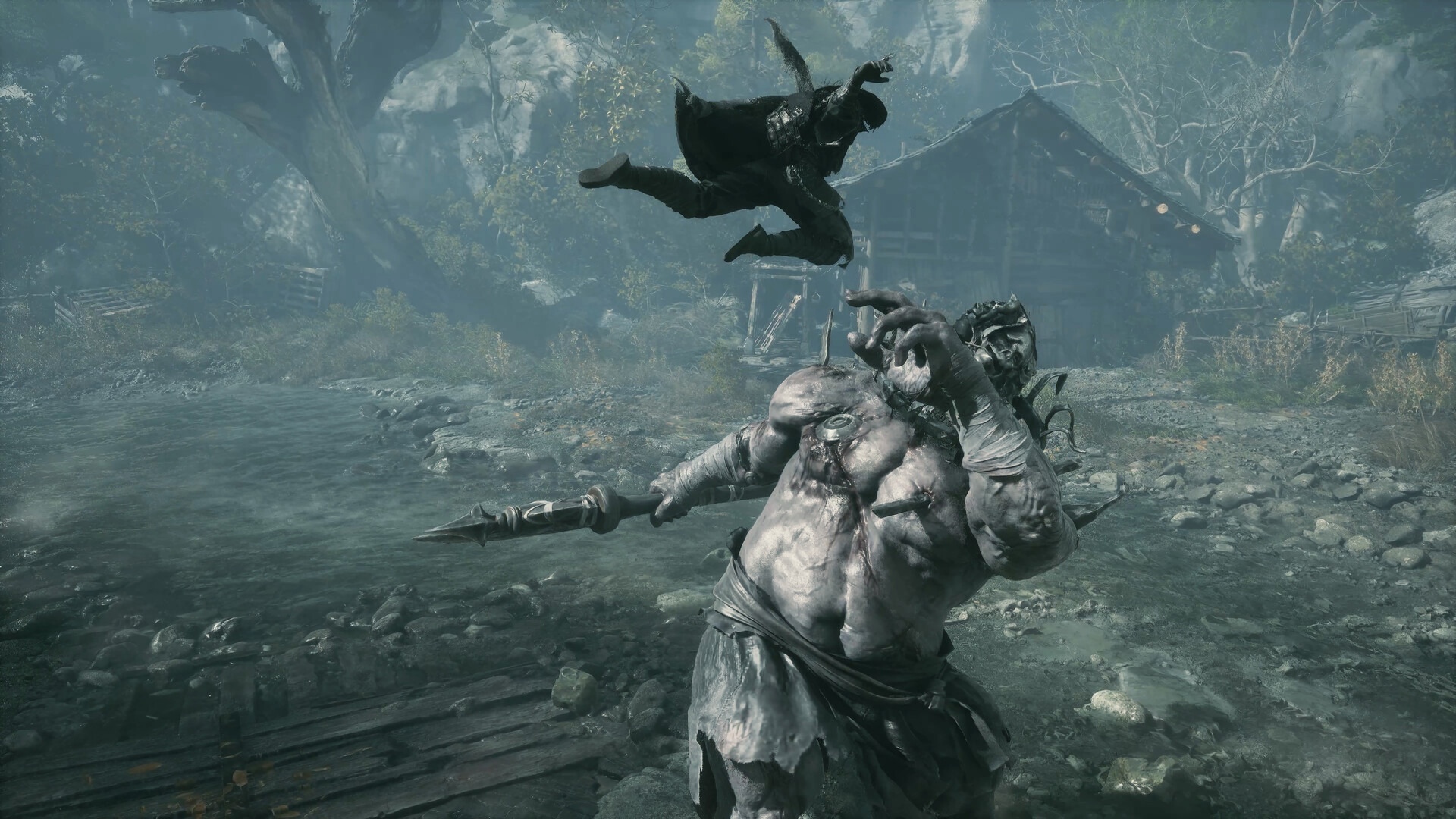 Soul mid-leap, coming down on a hulking pale enemy wielding a long polearm