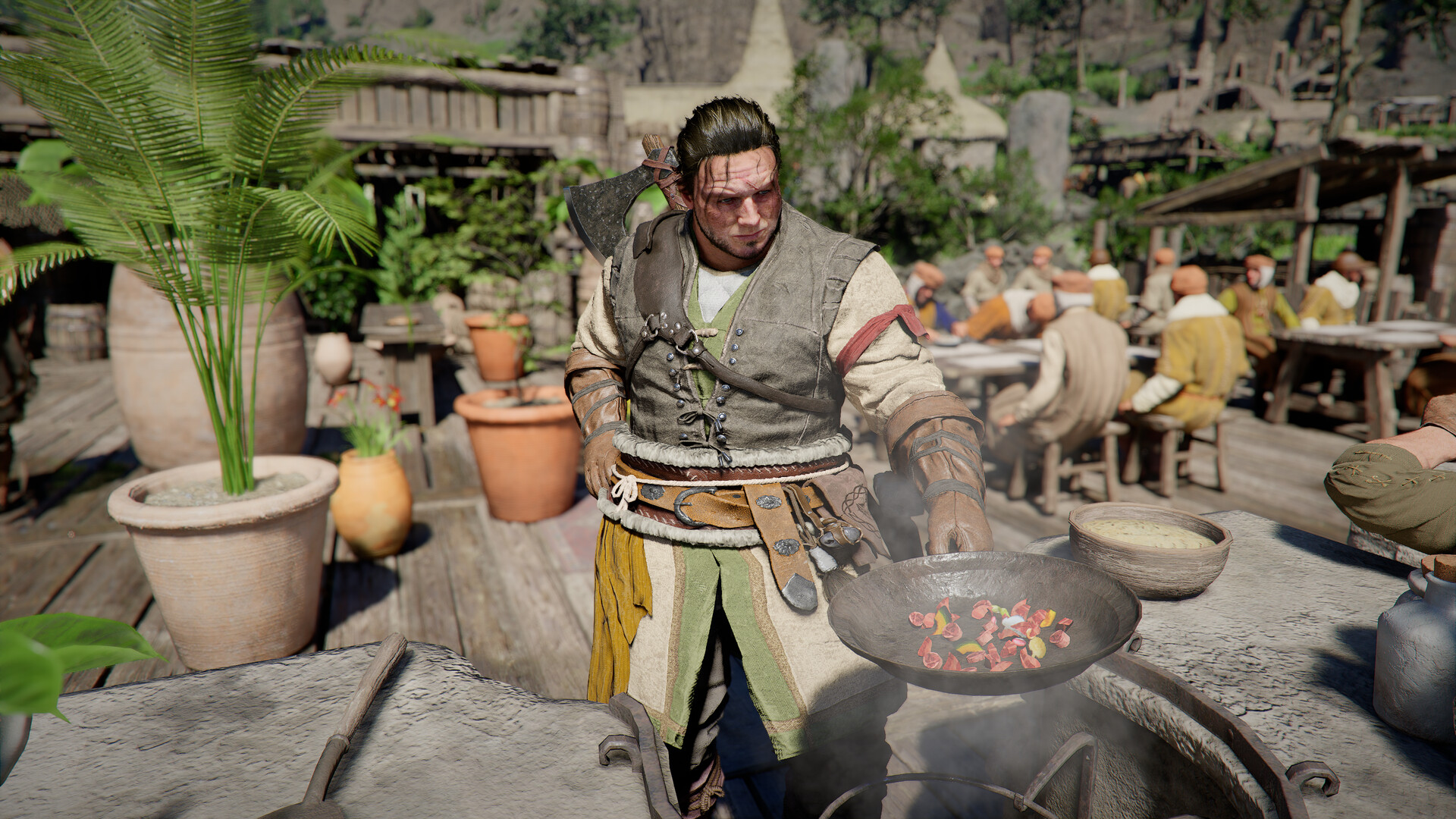 Official Steam store screenshot from Crimson Desert Enhanced: Charting the Unknown: a warrior with an axe on his back cooking at an outdoor camp stove, with a group of people dining at long tables behind him