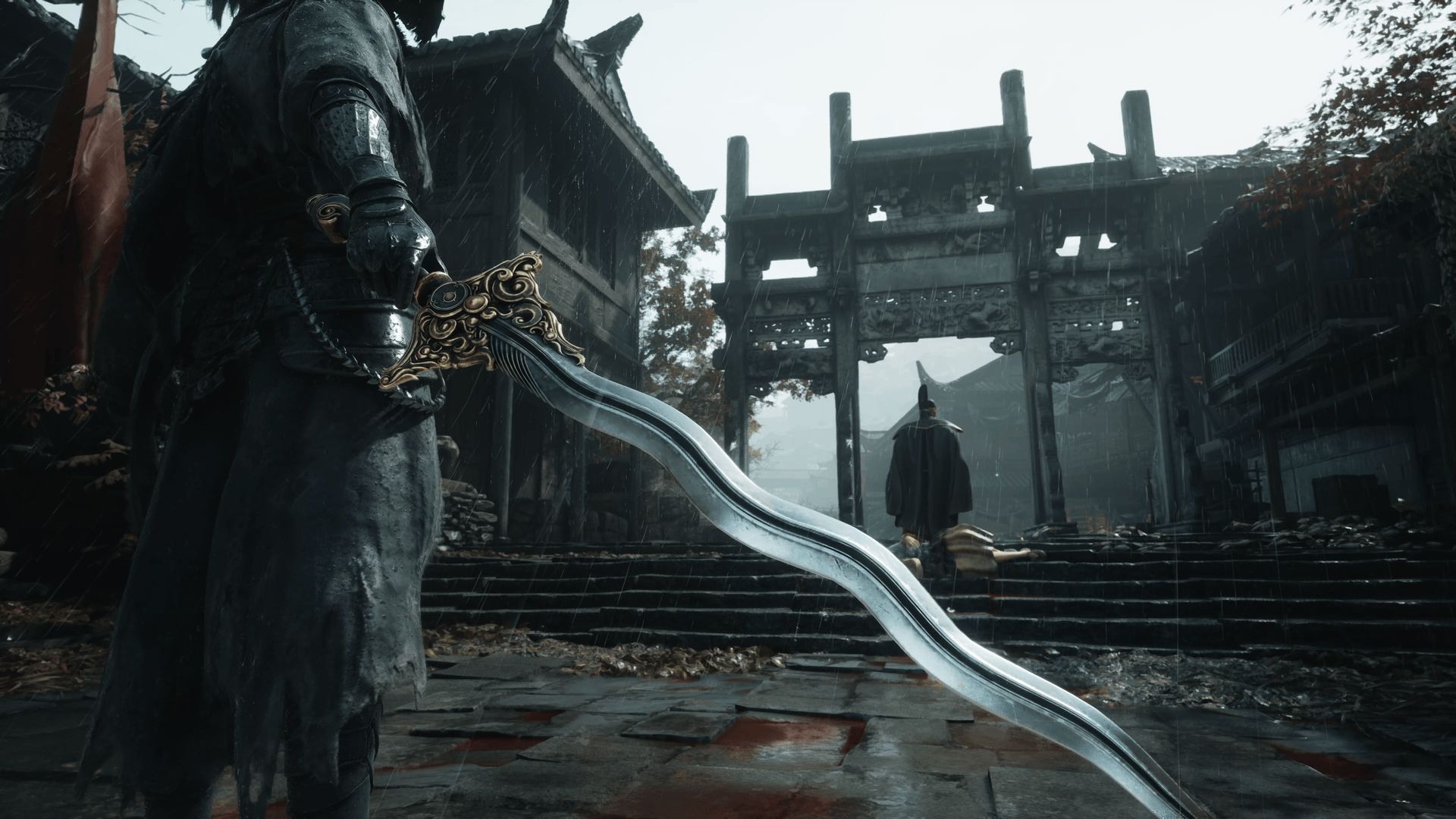 In a rain-soaked village entrance, Soul rests a hand on his drawn blade while facing a distant figure, a stone gateway rising behind