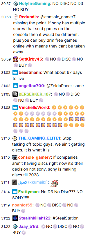 Twitch chat snippet from the Phantom Blade Zero State of Play stream, with repeated No Disc No Buy messages