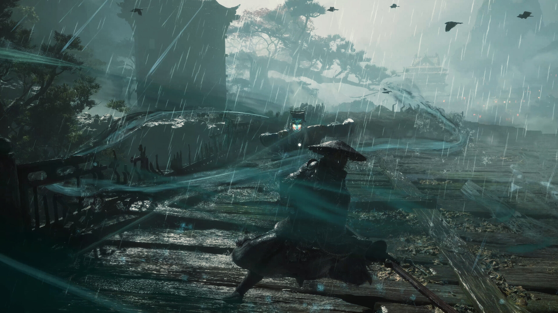 Official Phantom Blade Zero screenshot: a figure in a wide-brimmed hat crouched low on a rain-soaked wooden bridge, holding a long weapon amid teal blade trails and floating points of light