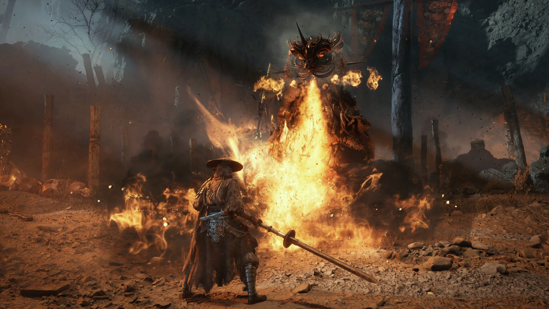 Official Phantom Blade Zero screenshot from the Steam store page: on a burning, ruined battlefield, the hatted protagonist faces a colossal enemy wreathed in flame (source: S-GAME / Steam)