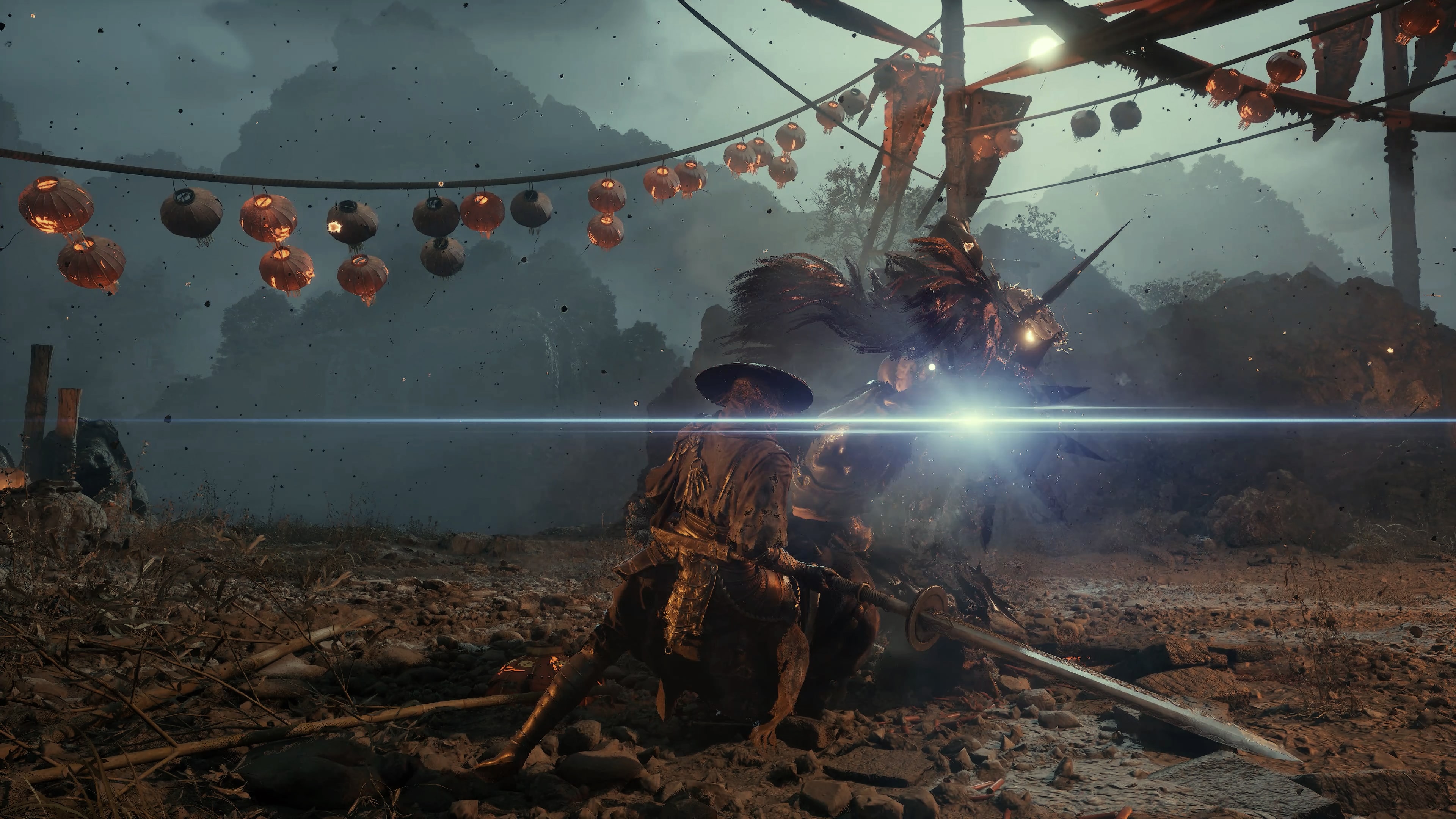 Official Phantom Blade Zero screenshot: a character in a conical hat wielding a long weapon clashes with a beast-like enemy at night, a white flash at the point of impact, rows of lanterns hanging in the background