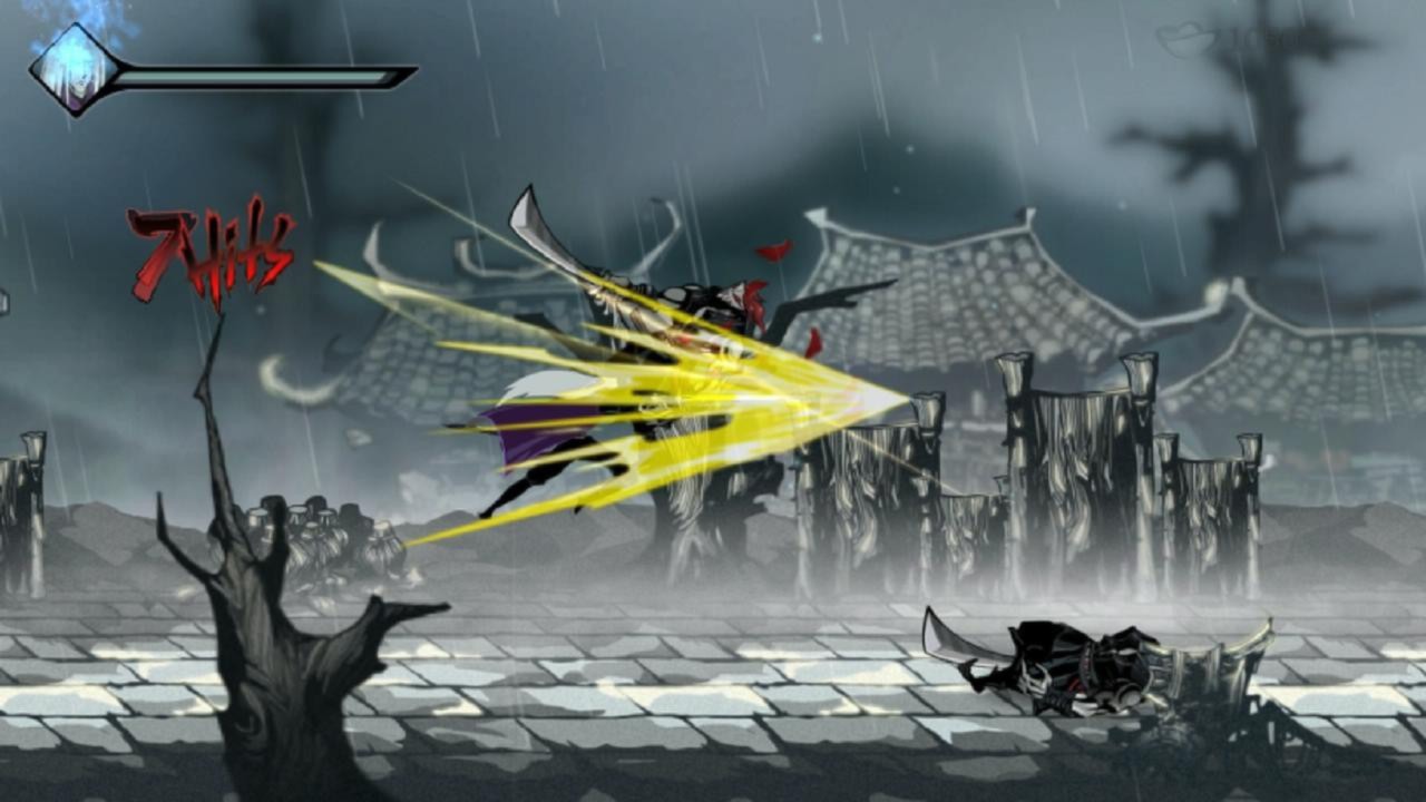 Rain Blood Chronicles Mirage sword-wielding assassin attacking an enemy in a rain-soaked stone arena, with the character status bar visible