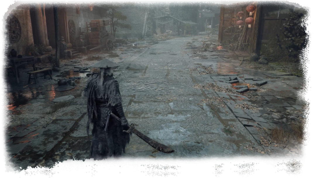 Phantom Blade Zero sword-wielding traveler standing on a wet stone street in Pang Town