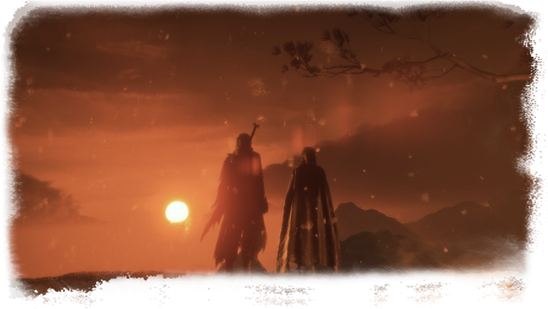 Two figures stand shoulder to shoulder in silhouette against an orange, snow-dusted dusk — the official image used when the pre-order trailer revealed Mo Yuan's identity