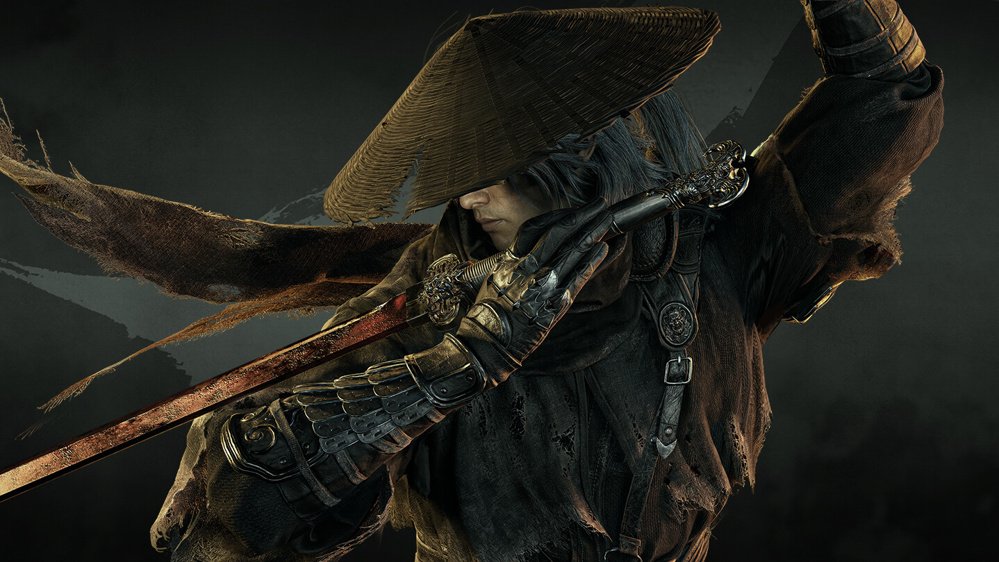 Official character close-up of Soul wearing a straw hat and resting an ornate Chinese longsword against his shoulder